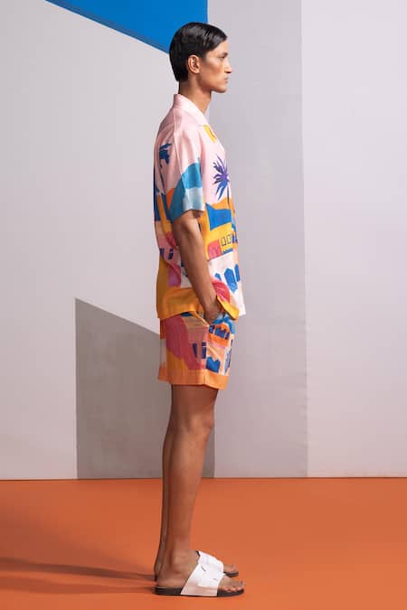 Buy_Nautanky_Pink Cotton, Linen Cosmic City Printed Shirt And Shorts Set 