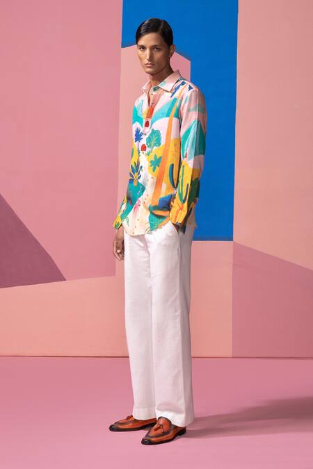 Nautanky_Pink Cotton, Linen Bushland Print Full Sleeve Shirt _Online_at_Aza_Fashions
