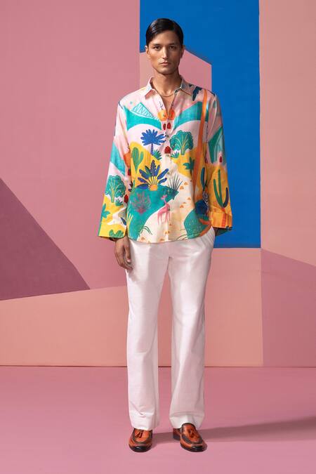 Buy_Nautanky_Pink Cotton, Linen Bushland Print Full Sleeve Shirt _Online_at_Aza_Fashions