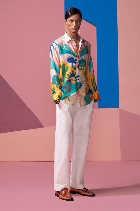 Shop_Nautanky_Pink Cotton, Linen Bushland Print Full Sleeve Shirt _Online_at_Aza_Fashions