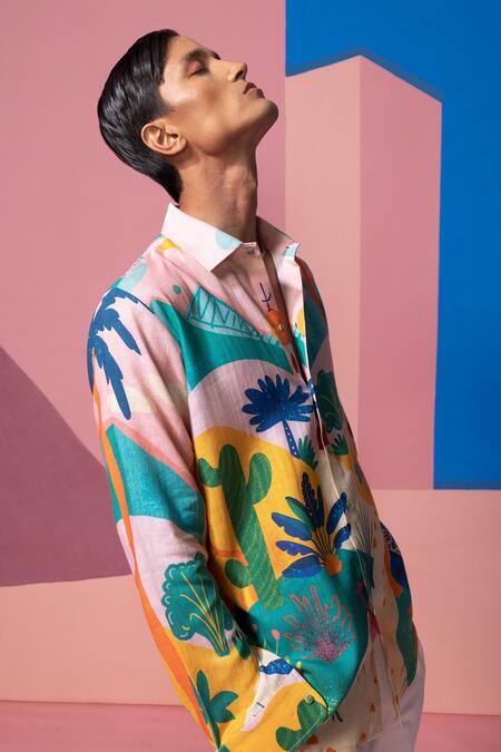 Nautanky_Pink Cotton, Linen Bushland Print Full Sleeve Shirt _at_Aza_Fashions