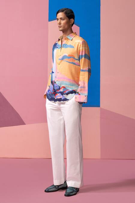 Nautanky Orange Cotton, Linen Designer Lighthouse Full Sleeve Shirt Online at Aza Fashions Nautanky_Orange Cotton, Linen Designer Lighthouse Full Sleeve Shirt _Online_at_Aza_Fashions