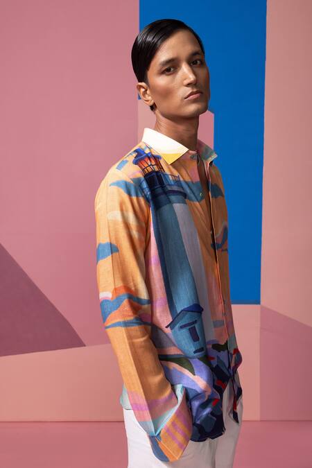 Shop Nautanky Orange Cotton, Linen Designer Lighthouse Full Sleeve Shirt Online at Aza Fashions Shop_Nautanky_Orange Cotton, Linen Designer Lighthouse Full Sleeve Shirt _Online_at_Aza_Fashions