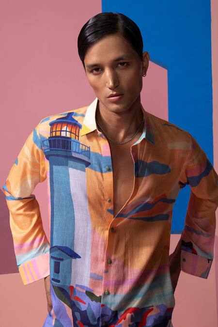 Nautanky Orange Cotton, Linen Designer Lighthouse Full Sleeve Shirt at Aza Fashions Nautanky_Orange Cotton, Linen Designer Lighthouse Full Sleeve Shirt _at_Aza_Fashions