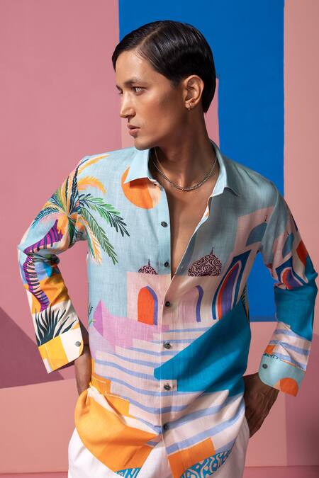 Shop_Nautanky_Blue Cotton, Linen, Satin Designer Ice Full Sleeve Shirt _Online_at_Aza_Fashions