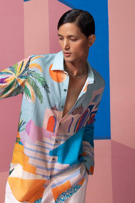 Nautanky_Blue Cotton, Linen, Satin Designer Ice Full Sleeve Shirt _at_Aza_Fashions