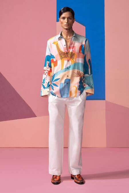 Nautanky Blue Cotton, Linen, Satin Sunset Safari Full Sleeve Shirt Online at Aza Fashions Nautanky_Blue Cotton, Linen, Satin Sunset Safari Full Sleeve Shirt _Online_at_Aza_Fashions