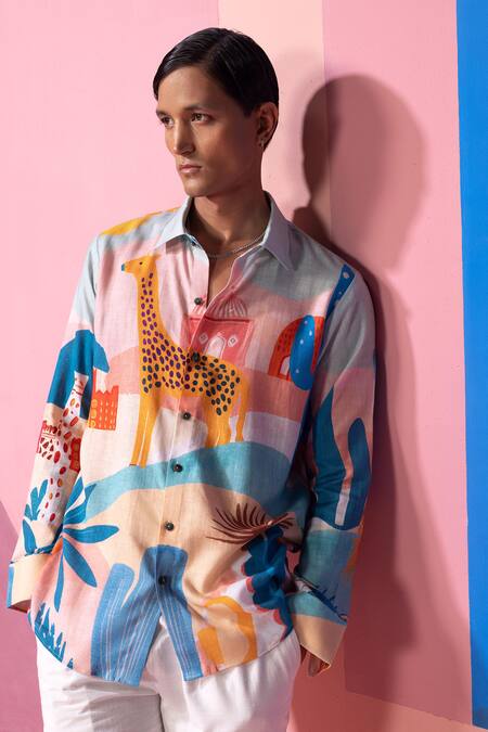 Shop Nautanky Blue Cotton, Linen, Satin Sunset Safari Full Sleeve Shirt Online at Aza Fashions Shop_Nautanky_Blue Cotton, Linen, Satin Sunset Safari Full Sleeve Shirt _Online_at_Aza_Fashions