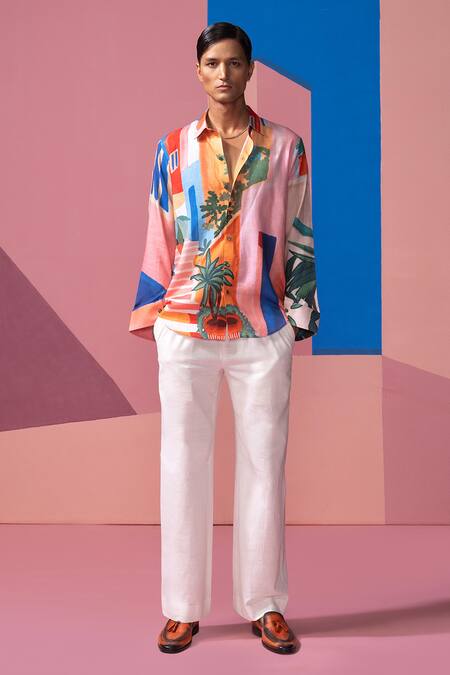 Nautanky_Pink Cotton, Linen, Satin Ascending Horizons Full Sleeve Shirt _Online_at_Aza_Fashions