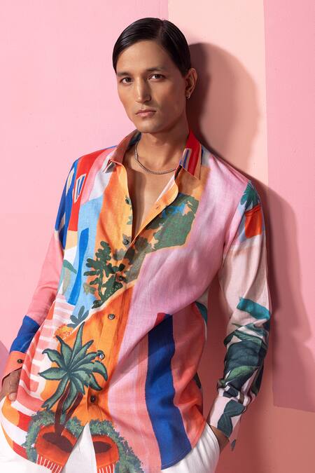 Nautanky_Pink Cotton, Linen, Satin Ascending Horizons Full Sleeve Shirt _at_Aza_Fashions