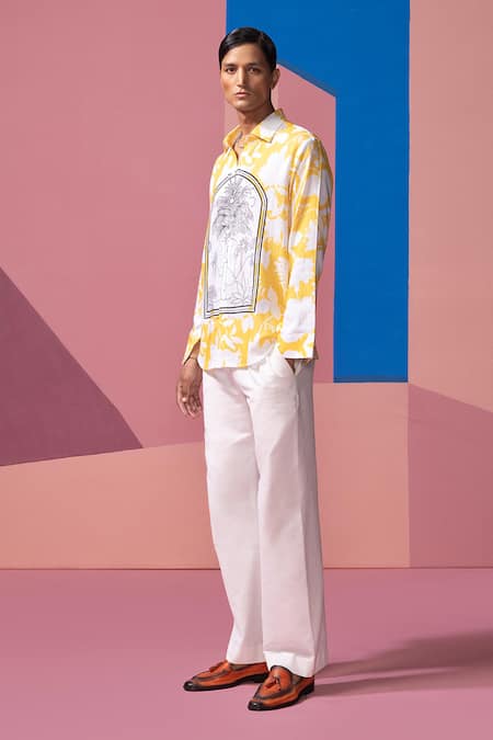 Nautanky_Yellow Cotton, Linen, Satin Window Pane Full Sleeve Shirt _Online_at_Aza_Fashions