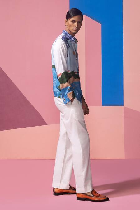 Nautanky_Blue Cotton, Linen, Satin Embroidery Designer Full Sleeve Shirt _Online_at_Aza_Fashions