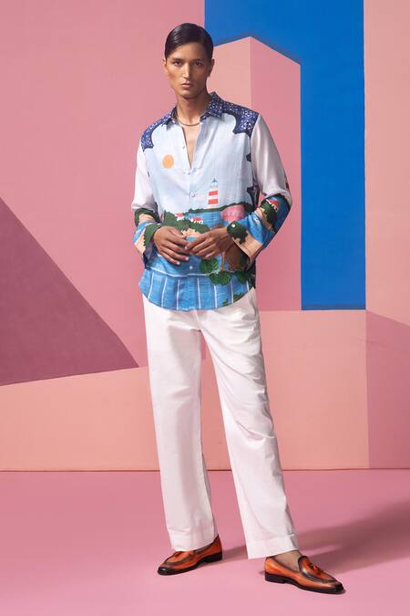 Shop_Nautanky_Blue Cotton, Linen, Satin Embroidery Designer Full Sleeve Shirt _Online_at_Aza_Fashions