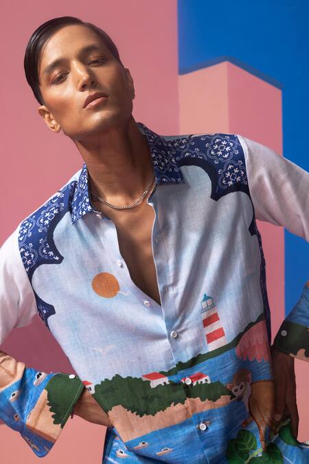 Nautanky_Blue Cotton, Linen, Satin Embroidery Designer Full Sleeve Shirt _at_Aza_Fashions