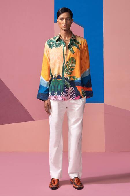 Nautanky_Orange Cotton, Linen, Satin Sunset Full Sleeve Shirt _Online_at_Aza_Fashions