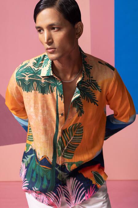 Nautanky_Orange Cotton, Linen, Satin Sunset Full Sleeve Shirt _at_Aza_Fashions