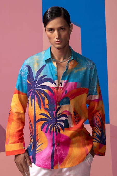Buy_Nautanky_Multi Color Cotton, Linen, Satin Sunlight In The Desert Full Sleeve Shirt _Online_at_Aza_Fashions