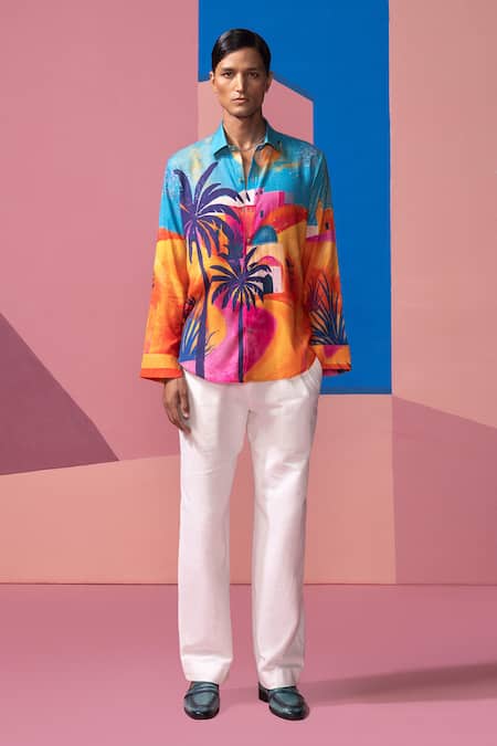 Shop_Nautanky_Multi Color Cotton, Linen, Satin Sunlight In The Desert Full Sleeve Shirt _Online_at_Aza_Fashions