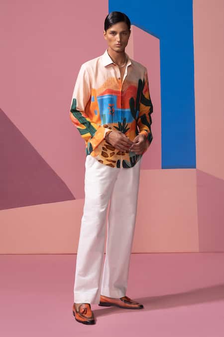 Nautanky Peach Cotton, Linen, Satin Desert Print Full Sleeve Shirt Online at Aza Fashions Nautanky_Peach Cotton, Linen, Satin Desert Print Full Sleeve Shirt _Online_at_Aza_Fashions