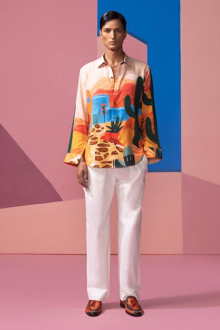 Shop Nautanky Peach Cotton, Linen, Satin Desert Print Full Sleeve Shirt Online at Aza Fashions Shop_Nautanky_Peach Cotton, Linen, Satin Desert Print Full Sleeve Shirt _Online_at_Aza_Fashions