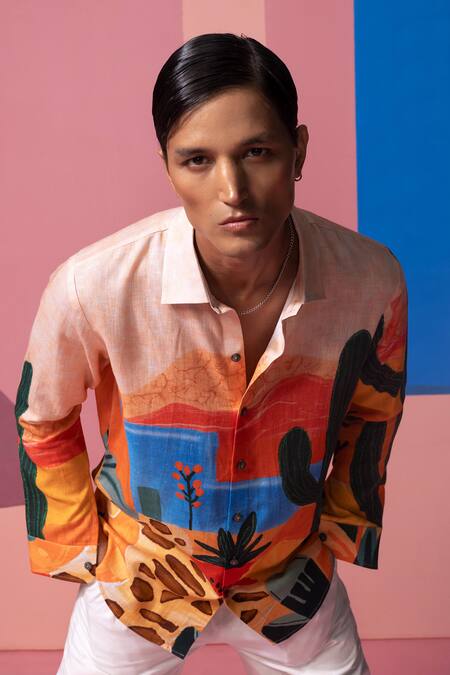 Nautanky Peach Cotton, Linen, Satin Desert Print Full Sleeve Shirt at Aza Fashions Nautanky_Peach Cotton, Linen, Satin Desert Print Full Sleeve Shirt _at_Aza_Fashions