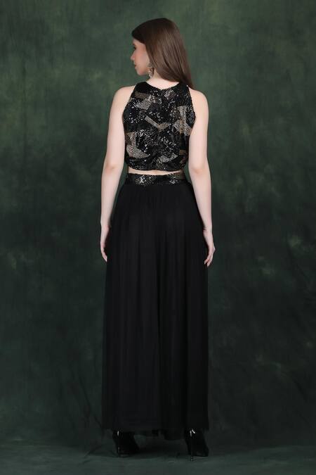 Label Ivish_Black Net Embroidery, Sequins Round Neck Hand Cape Set _Online_at_Aza_Fashions