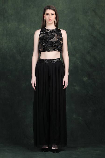 Buy_Label Ivish_Black Net Embroidery, Sequins Round Neck Hand Cape Set _Online_at_Aza_Fashions