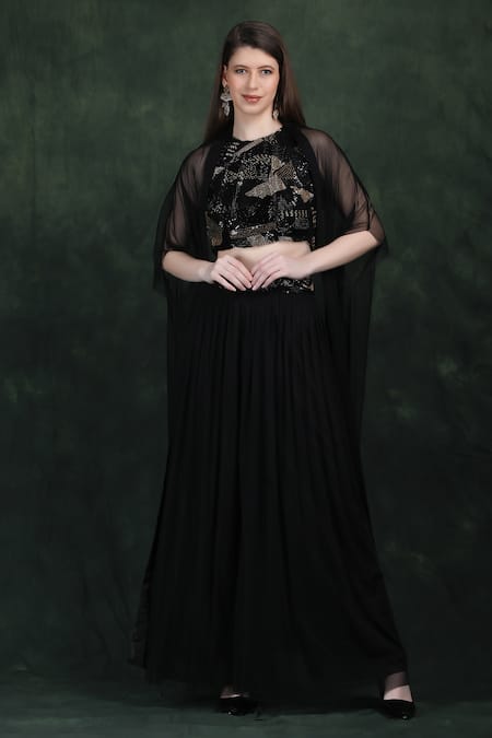 LABEL IVISH Black Net Embroidery, Sequins Round Neck Hand Cape Set 