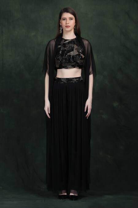 Label Ivish_Black Net Embroidery, Sequins Round Neck Hand Cape Set _at_Aza_Fashions