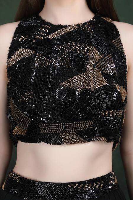 Buy_Label Ivish_Black Net Embroidery, Sequins Round Neck Hand Cape Set 
