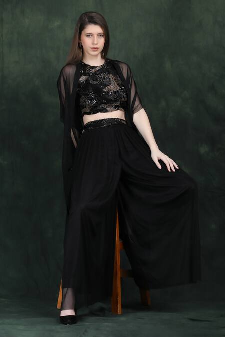Shop_Label Ivish_Black Net Embroidery, Sequins Round Neck Hand Cape Set 