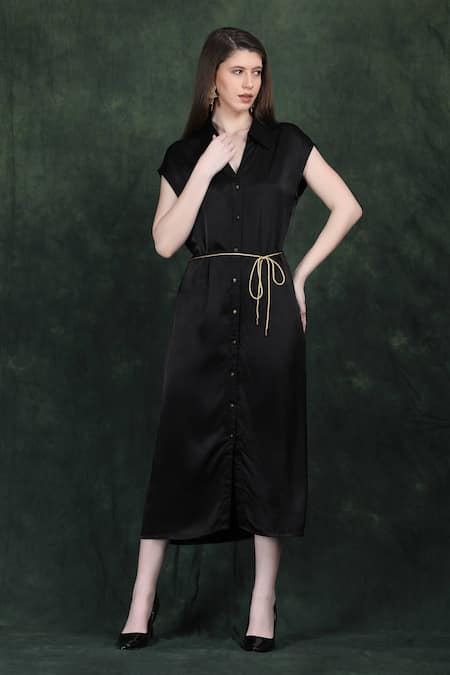LABEL IVISH Black Satin Collared Midi Dress With Golden Belt 