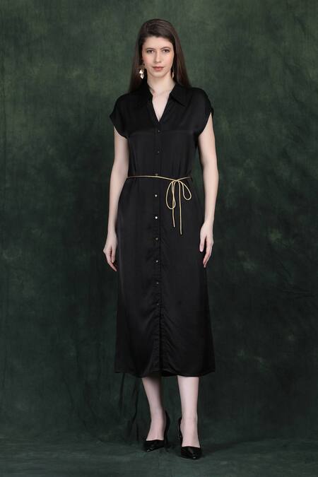 Label Ivish_Black Satin Collared Midi Dress With Golden Belt _Online_at_Aza_Fashions