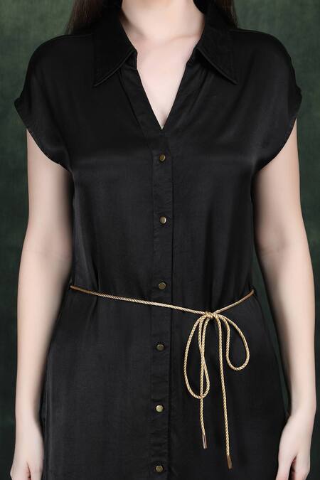 Buy_Label Ivish_Black Satin Collared Midi Dress With Golden Belt _Online_at_Aza_Fashions