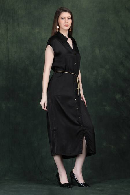 Shop_Label Ivish_Black Satin Collared Midi Dress With Golden Belt _Online_at_Aza_Fashions