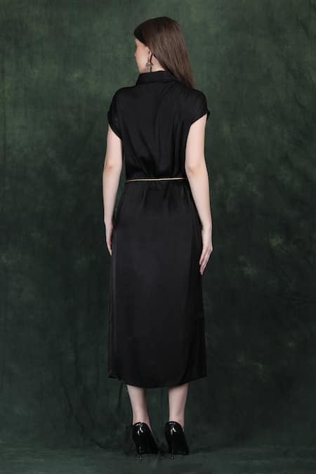 Label Ivish Black Satin Midi Dress With Golden Belt 