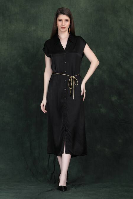 Label Ivish_Black Satin Collared Midi Dress With Golden Belt _at_Aza_Fashions