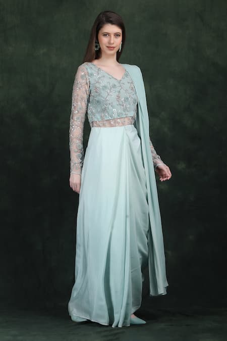 Label Ivish_Blue Silk, Net Beads, Sequins V-neck Hand Embroidered Draped Saree Gown _Online_at_Aza_Fashions