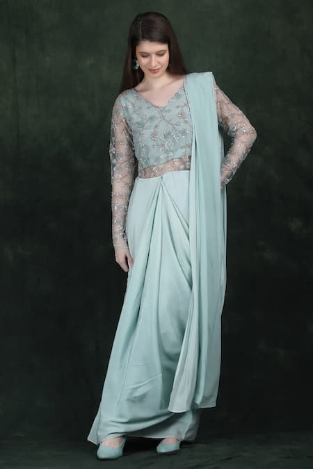 Buy_Label Ivish_Blue Silk, Net Beads, Sequins V-neck Hand Embroidered Draped Saree Gown _Online_at_Aza_Fashions