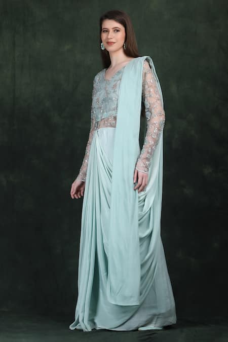 Shop_Label Ivish_Blue Silk, Net Beads, Sequins V-neck Hand Embroidered Draped Saree Gown _Online_at_Aza_Fashions