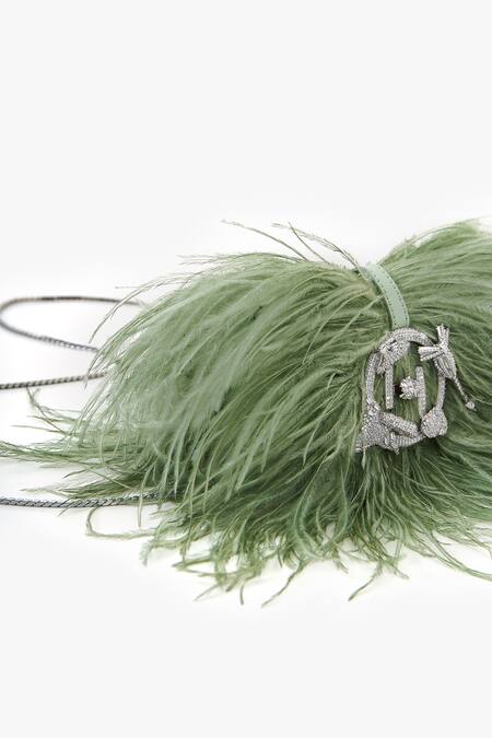 Outhouse_Green Rhinestones Jade Designer Feather Clutch _at_Aza_Fashions
