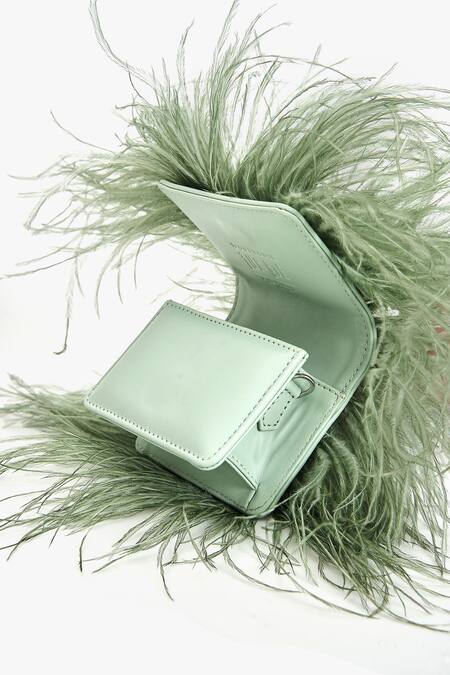 Buy_Outhouse_Green Rhinestones Jade Designer Feather Clutch 