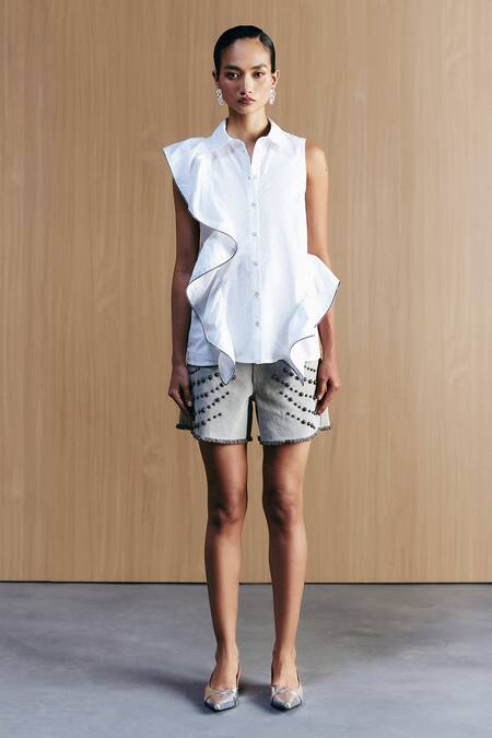 Mellowdrama_White Cotton Collared Zipper Frill Shirt_Online_at_Aza_Fashions