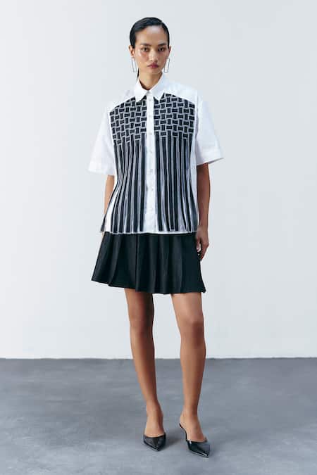 Mellowdrama_White Cotton Collared Weave Work Boxy Shirt_Online_at_Aza_Fashions
