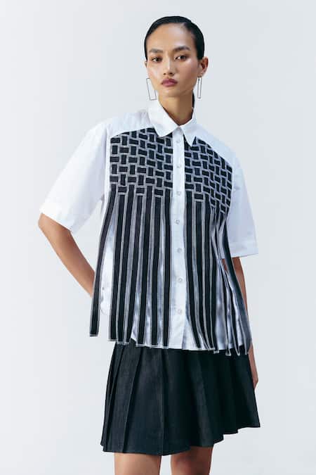 Mellowdrama White Cotton Collared Weave Work Boxy Shirt 
