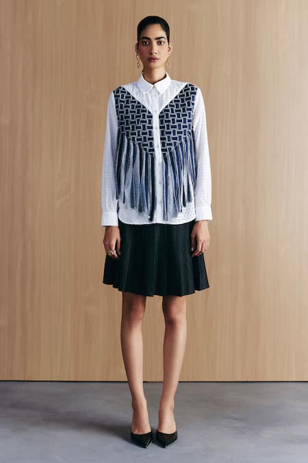 Mellowdrama White Cotton Embroidery Collared Schiffli Weave Work Shirt 