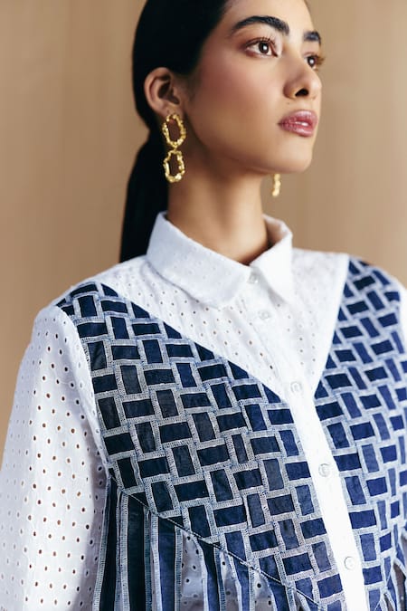 Mellowdrama_White Cotton Embroidery Collared Schiffli Weave Work Shirt _Online_at_Aza_Fashions