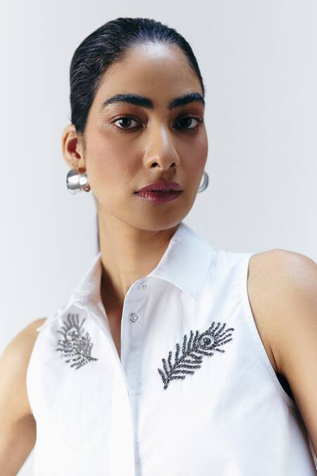Mellowdrama_White Cotton Embroidery Collared Feather Embellished Shirt_Online_at_Aza_Fashions
