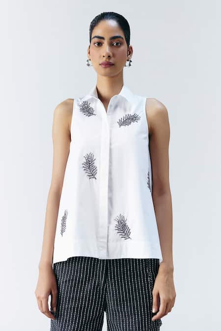 Mellowdrama White Cotton Embroidery Collared Feather Embellished Shirt 