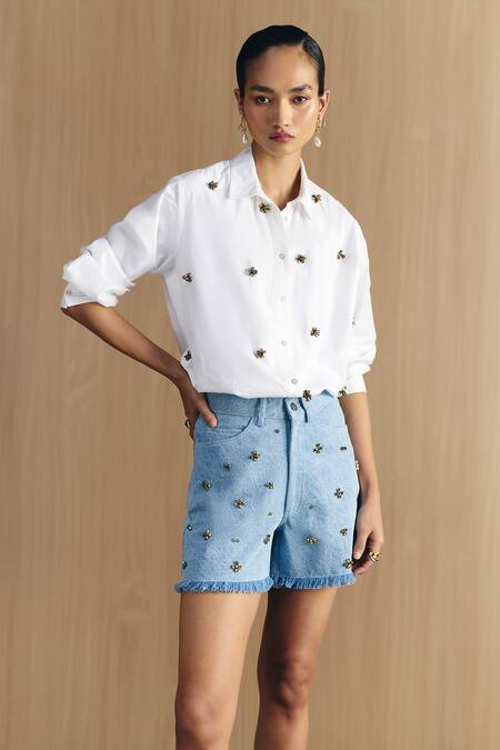 Mellowdrama_White Cotton Beads Collared Embellished Shirt_Online_at_Aza_Fashions